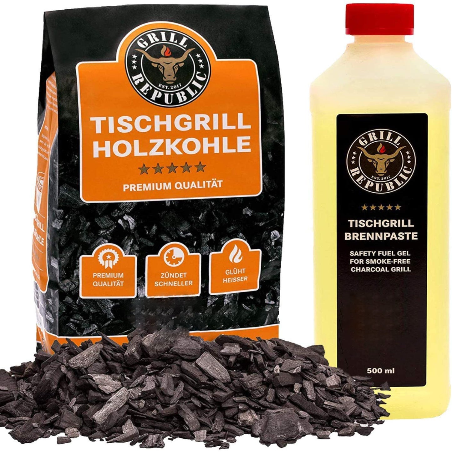 Set aus 2,5kg Tischgrillkohle und 500ml Brennpaste